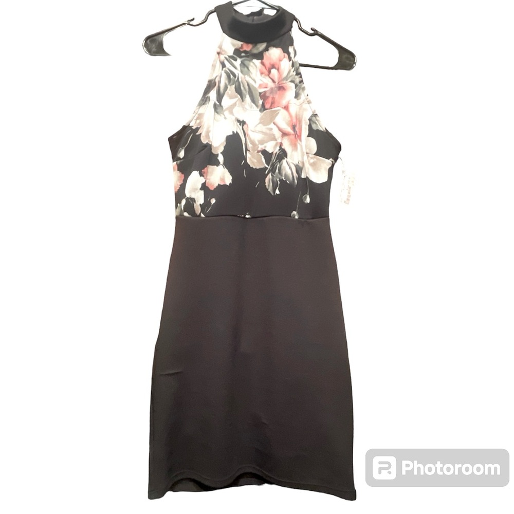 Fashion Magazine Black & Floral High Mesh Neck Mini Bodycon  Dress Size Medium